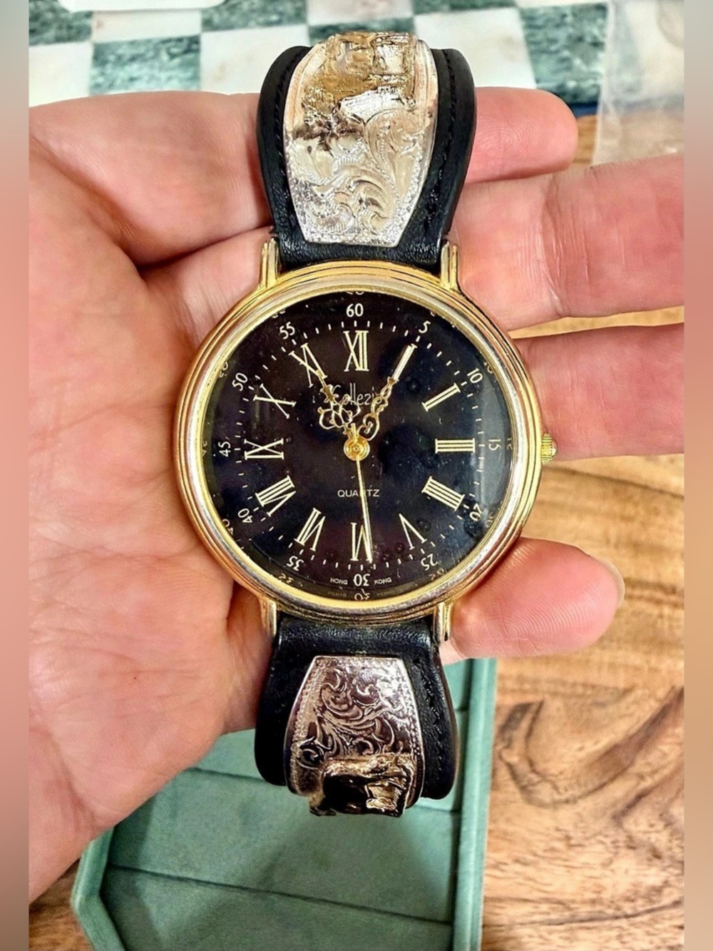 Collezione Black & Gold Decorative Watch w/ Western Style Leather Band